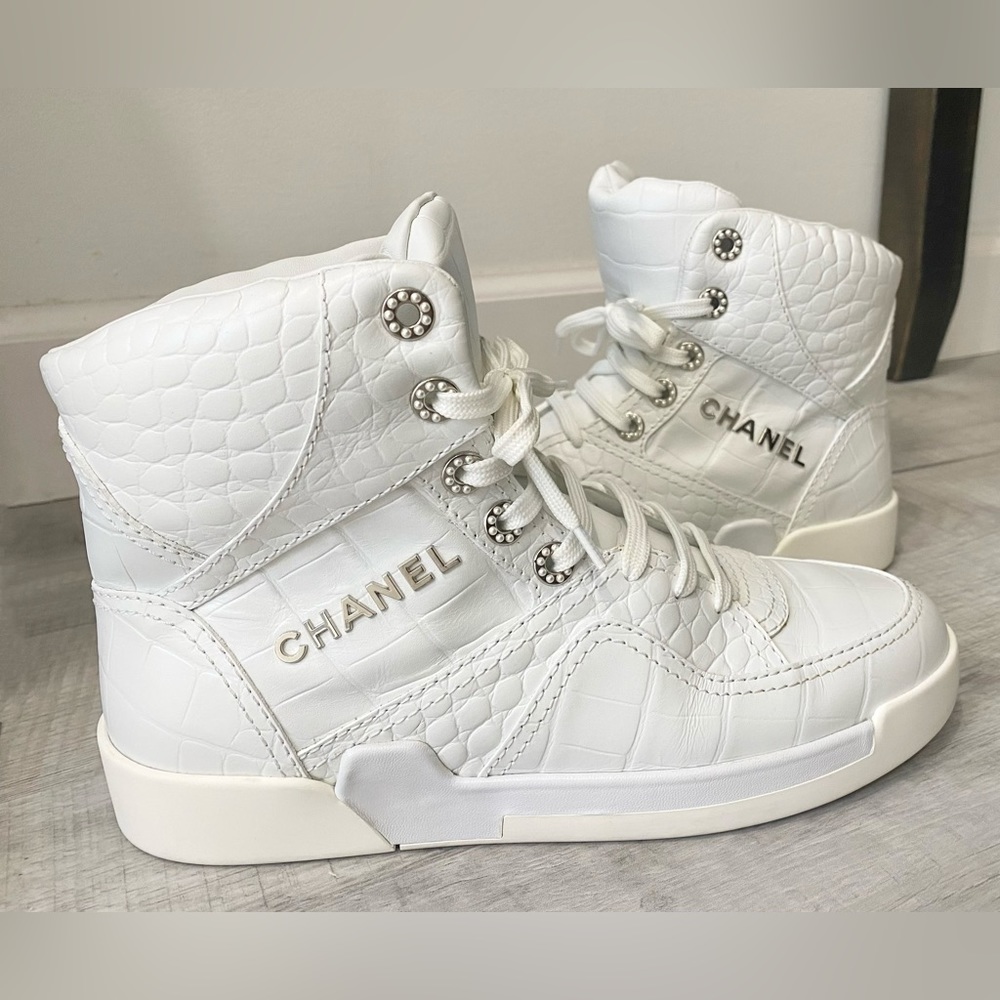 Chanel Crocodile Embossed High Top Sneakers 40 White